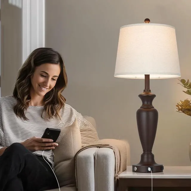 Alt view image 4 of 7 - 30" Tall Metal Table Lamps Set of 2, Touch Control Bedside Lamps for Bedroom Nightstand, 3-Way Dimmable Farmhouse Lamp for Living Room with Charging Ports, Brown (2 LED Bulbs Included)
