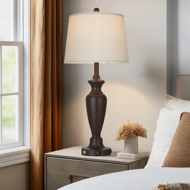 Alt view image 6 of 7 - 30" Tall Metal Table Lamps Set of 2, Touch Control Bedside Lamps for Bedroom Nightstand, 3-Way Dimmable Farmhouse Lamp for Living Room with Charging Ports, Brown (2 LED Bulbs Included)