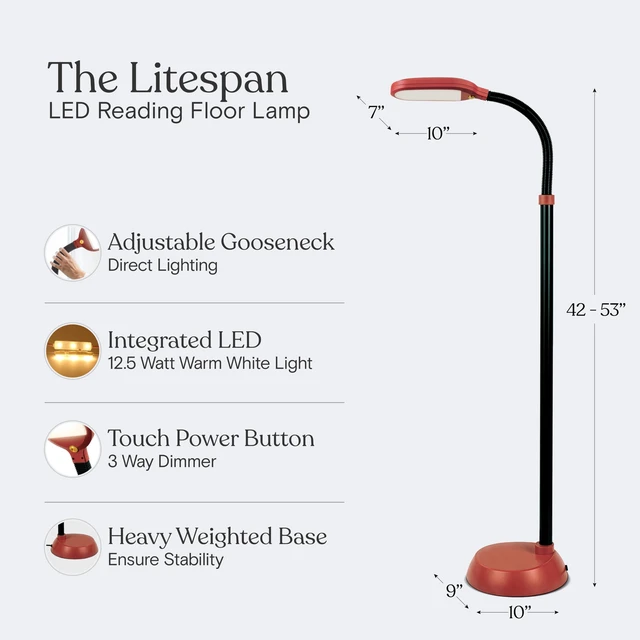 Alt view image 5 of 7 - Litespan - Bright LED Floor Reading Lamp for Over Chair Crafts and Reading, Estheticians' Light for Lash Extensions, Adjustable Standing Lamp for Living Room, Bedroom, Office - Red