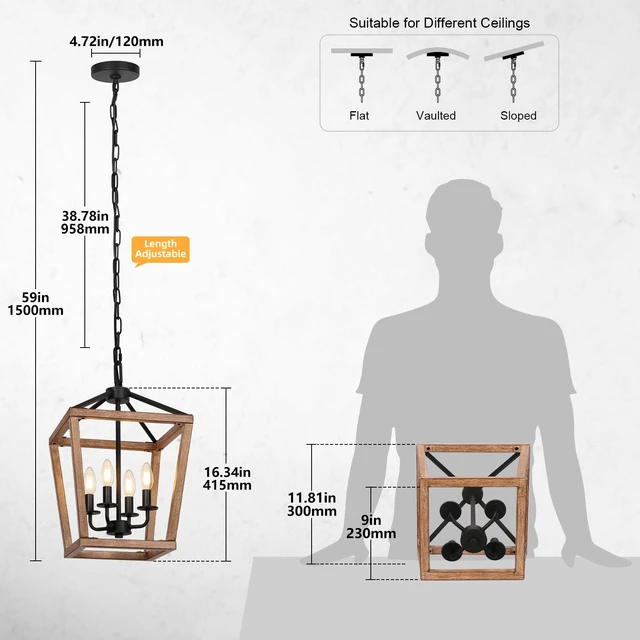 Alt view image 2 of 6 - 4 Light Farmhouse Chandelier, Lantern Ceiling Light Fixture with Brushed Rustic Wood Metal Cage and Adjustable Chain, E12 Base Geometric Hanging Lights for Dining Room Kitchen Island Entryway, Indoor