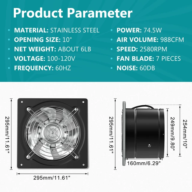 Alt view image 2 of 7 - 10 Inch Metal Exhaust Fan with Switch, 988 CFM Powerful Garage Exhaust Fan with Damper, Potable Wall Mount Fan Fume Extractor Ventilation Fan for Shop, Shed, Basement, Chicken Coop, Black