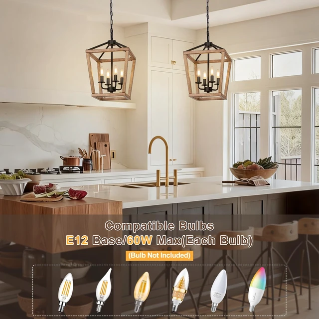Alt view image 3 of 6 - 4 Light Farmhouse Chandelier, Lantern Ceiling Light Fixture with Brushed Rustic Wood Metal Cage and Adjustable Chain, E12 Base Geometric Hanging Lights for Dining Room Kitchen Island Entryway, Indoor