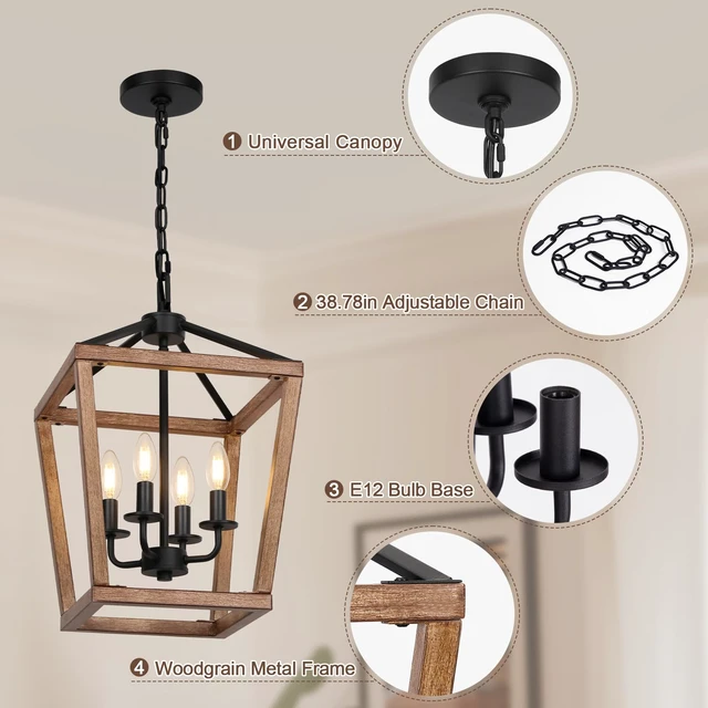 Alt view image 4 of 6 - 4 Light Farmhouse Chandelier, Lantern Ceiling Light Fixture with Brushed Rustic Wood Metal Cage and Adjustable Chain, E12 Base Geometric Hanging Lights for Dining Room Kitchen Island Entryway, Indoor