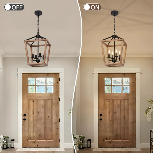 Alt view image 5 of 6 - 4 Light Farmhouse Chandelier, Lantern Ceiling Light Fixture with Brushed Rustic Wood Metal Cage and Adjustable Chain, E12 Base Geometric Hanging Lights for Dining Room Kitchen Island Entryway, Indoor