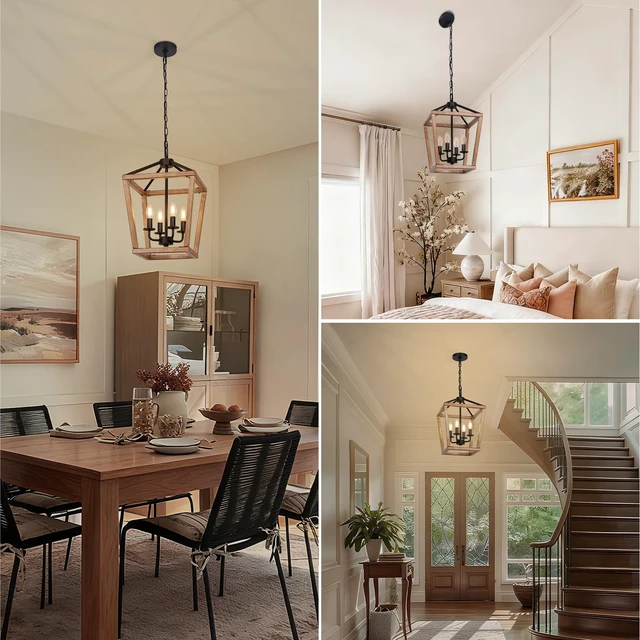 Alt view image 6 of 6 - 4 Light Farmhouse Chandelier, Lantern Ceiling Light Fixture with Brushed Rustic Wood Metal Cage and Adjustable Chain, E12 Base Geometric Hanging Lights for Dining Room Kitchen Island Entryway, Indoor