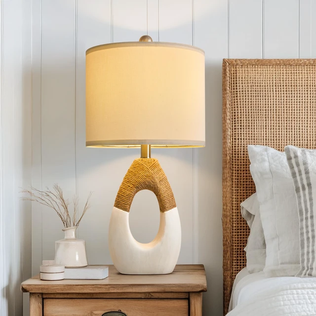 Alt view image 5 of 7 - 22 Boho Table Lamps for Bedroom Living Room Upgraded Set of 2 Medium Farmhouse Rattan Table Lamps, Rustic Home Decoration Nightstand Bedside Lamp for Office (Not Include Bulbs)