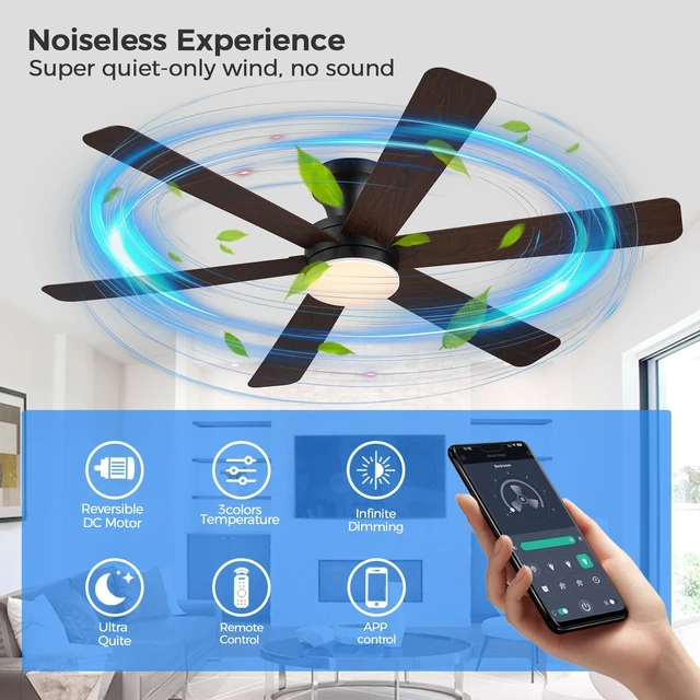 Alt view image 4 of 7 - Ceiling Fans with Lights,46" Low Profile Ceiling Fan,Flush Mount (Brown) Ceiling Fan with Light and Remote Control,Flush Mount, Reversible, Dimmable, Noiseless, Brown Ceiling Fan for Bedroom