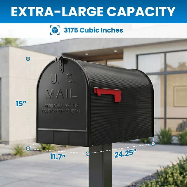 Alt view image 2 of 7 - Jumbo Size Rural Mailbox, 3175 cu-in Capacity, Galvanized Steel, Powder-Coated, 15 in. H x 11.69 in. W x 24.82 in. L, Black, Extra Large