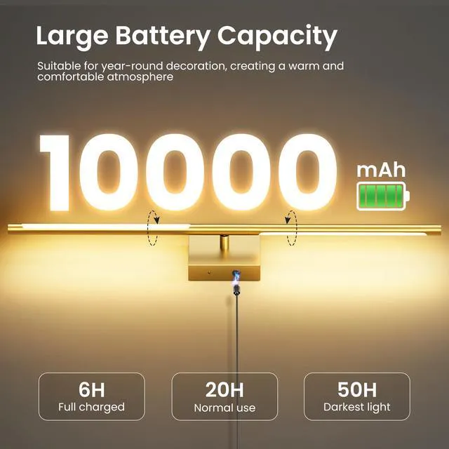 Alt view image 3 of 7 - 10000mAh Battery Operated Wall Sconces Set of 2, Gold-29Inch 3CCT, Renter Friendly, Rechargeable, Remote, 360° Rotate, Dimmable, Cordless Wall Lights for Bedroom Living Room Home Decor
