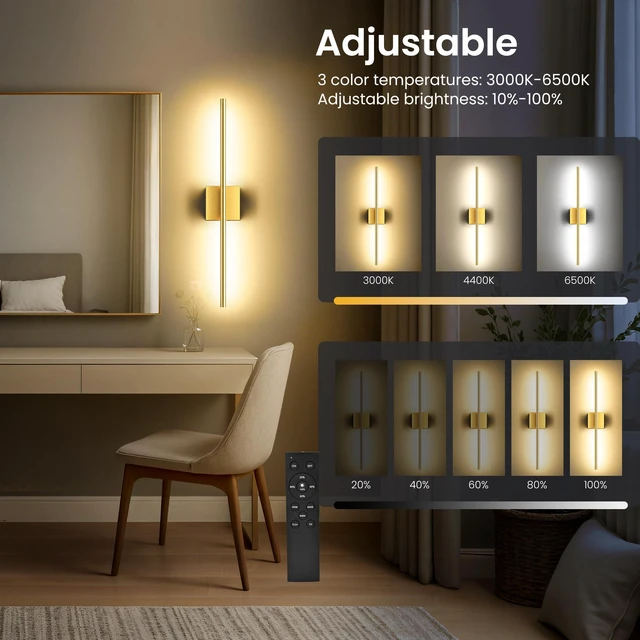 Alt view image 5 of 7 - 10000mAh Battery Operated Wall Sconces Set of 2, Gold-29Inch 3CCT, Renter Friendly, Rechargeable, Remote, 360° Rotate, Dimmable, Cordless Wall Lights for Bedroom Living Room Home Decor