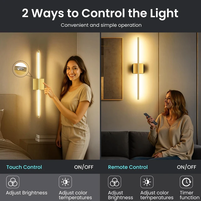 Alt view image 6 of 7 - 10000mAh Battery Operated Wall Sconces Set of 2, Gold-29Inch 3CCT, Renter Friendly, Rechargeable, Remote, 360° Rotate, Dimmable, Cordless Wall Lights for Bedroom Living Room Home Decor