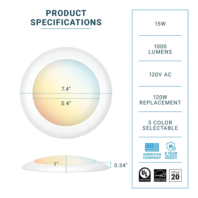 Alt view image 2 of 7 - (12 Pack) 5/6 Inch Dimmable 5CCT LED Disk Lights, 15W Surface Mount Ceiling Disc Lighting 5 Color Selectable 2700K/3000K/3500K/4000K/5000K 1100lm, J-Box Or Recessed Can Installation, UL-Listed