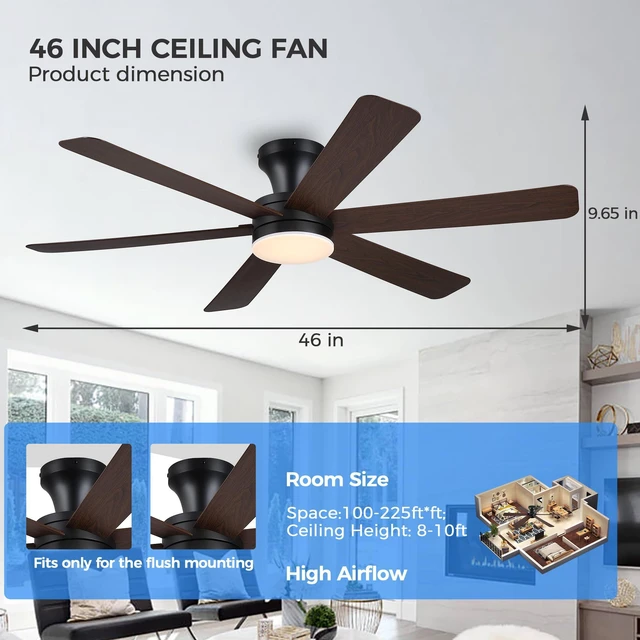 Alt view image 5 of 7 - Ceiling Fans with Lights,46" Low Profile Ceiling Fan,Flush Mount (Brown) Ceiling Fan with Light and Remote Control,Flush Mount, Reversible, Dimmable, Noiseless, Brown Ceiling Fan for Bedroom