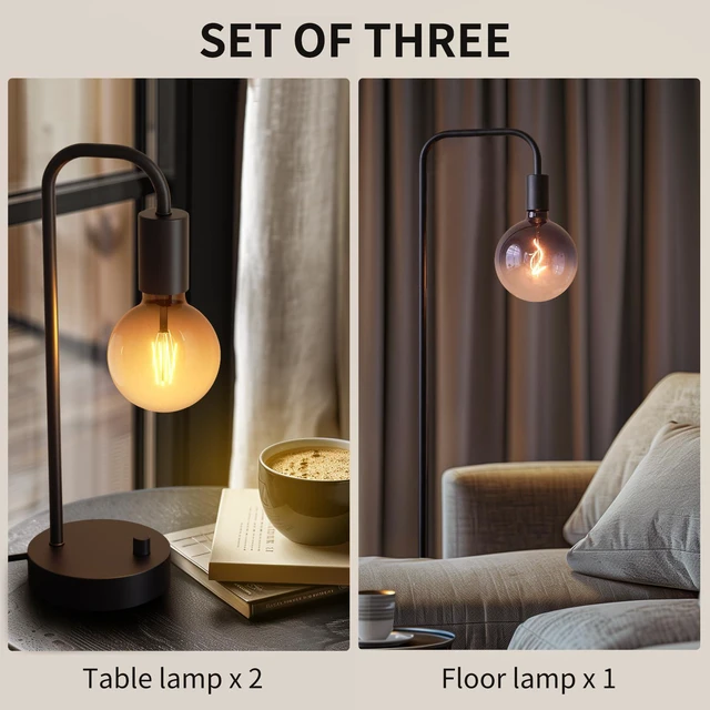 Alt view image 5 of 6 - Industrial Lamp Set 3 Piece-1 Floor Lamp and 2 Dimmable Table Lamp- 3 Pack Modern Matching Floor and Table Lamp with Gradient Black Globe Bulb for Living Room,Bedroom(Bulb Included)