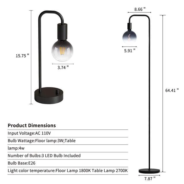 Alt view image 6 of 6 - Industrial Lamp Set 3 Piece-1 Floor Lamp and 2 Dimmable Table Lamp- 3 Pack Modern Matching Floor and Table Lamp with Gradient Black Globe Bulb for Living Room,Bedroom(Bulb Included)