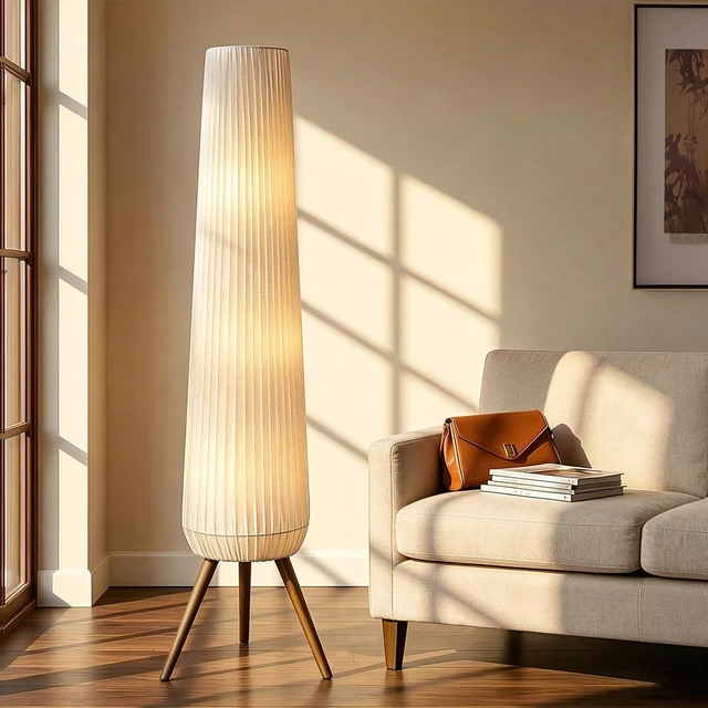 Main image of 61'' Oatmeal Fabric Pleated Floor Lamp, Walnut Wood Tripod Base | 3 Built-in Light Sockets Standing Lamp, Soft Ambient Lighting Boho Wabi-Sabi Style Lamp for Living Room Bedroom Home Decor