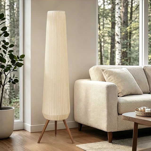 Alt view image 2 of 7 - 61'' Oatmeal Fabric Pleated Floor Lamp, Walnut Wood Tripod Base | 3 Built-in Light Sockets Standing Lamp, Soft Ambient Lighting Boho Wabi-Sabi Style Lamp for Living Room Bedroom Home Decor