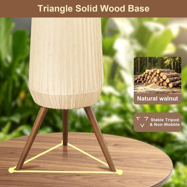 Alt view image 4 of 7 - 61'' Oatmeal Fabric Pleated Floor Lamp, Walnut Wood Tripod Base | 3 Built-in Light Sockets Standing Lamp, Soft Ambient Lighting Boho Wabi-Sabi Style Lamp for Living Room Bedroom Home Decor