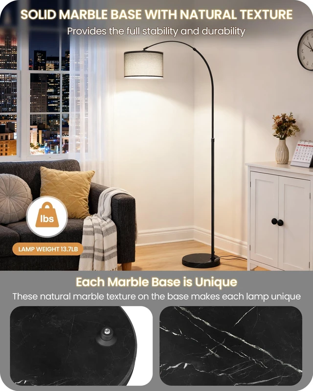 Alt view image 2 of 7 - 75" Arc Floor Lamp with Marble Base and Adjustable Height, Rotating Hanging Shade, Dimmable Floor Lamp for Living Room with Remote and Foot Switch, 3 Color Temperature, Gray Line Shade H15LD05N1