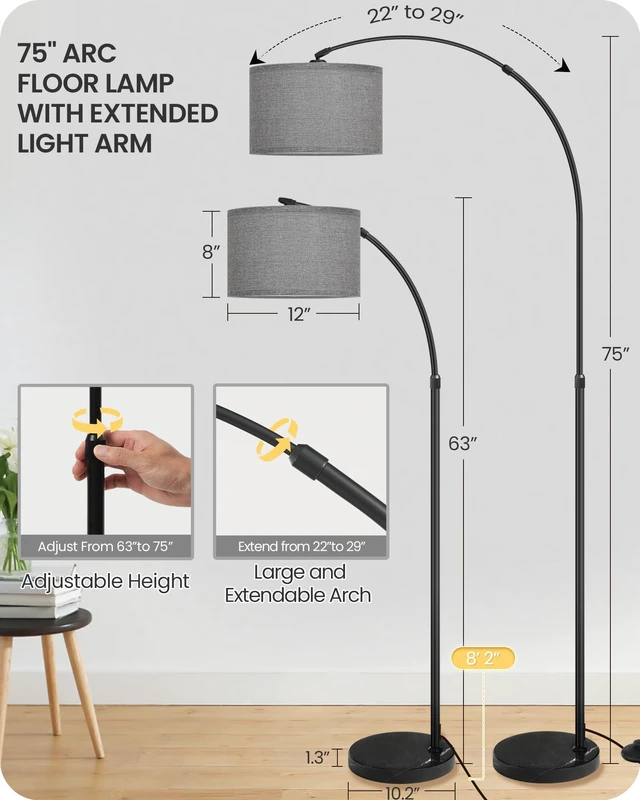 Alt view image 3 of 7 - 75" Arc Floor Lamp with Marble Base and Adjustable Height, Rotating Hanging Shade, Dimmable Floor Lamp for Living Room with Remote and Foot Switch, 3 Color Temperature, Gray Line Shade H15LD05N1