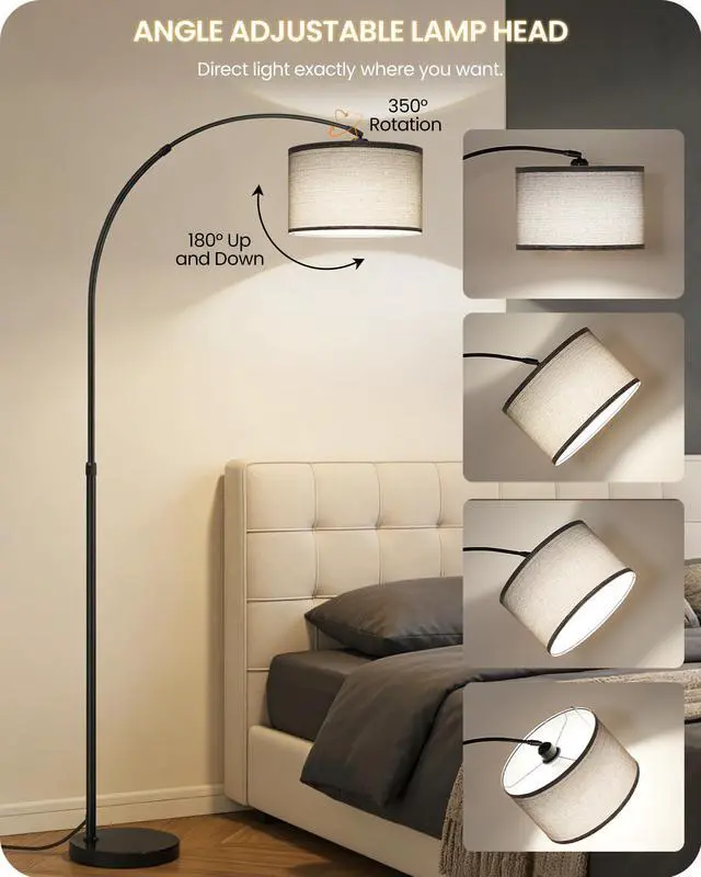 Alt view image 4 of 7 - 75" Arc Floor Lamp with Marble Base and Adjustable Height, Rotating Hanging Shade, Dimmable Floor Lamp for Living Room with Remote and Foot Switch, 3 Color Temperature, Gray Line Shade H15LD05N1