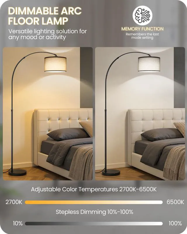 Alt view image 5 of 7 - 75" Arc Floor Lamp with Marble Base and Adjustable Height, Rotating Hanging Shade, Dimmable Floor Lamp for Living Room with Remote and Foot Switch, 3 Color Temperature, Gray Line Shade H15LD05N1