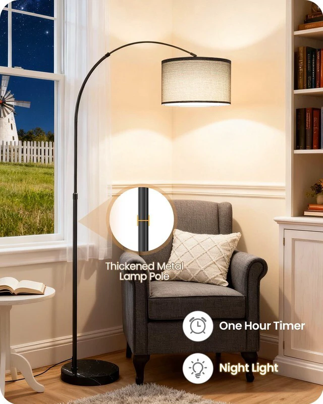 Alt view image 7 of 7 - 75" Arc Floor Lamp with Marble Base and Adjustable Height, Rotating Hanging Shade, Dimmable Floor Lamp for Living Room with Remote and Foot Switch, 3 Color Temperature, Gray Line Shade H15LD05N1