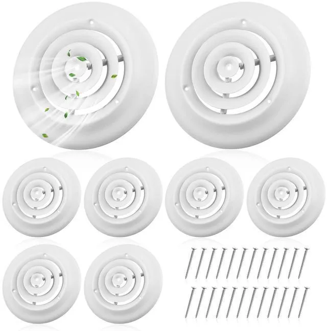 Main image of 8 Pcs 6 Inch Round Vent Cover, White Ceiling Diffuser with Screws Outer Dimensions 9-15/16", HVAC Vent Duct Register Cover, Replacement Exhaust Fan Covers for Home Office Kitchen Ventilation
