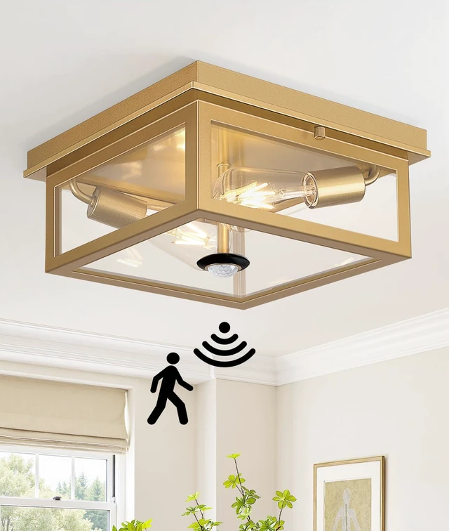 Main image of Motion Sensor Outdoor Ceiling Light with Remote, 12.2 Inch Gold Flush Mount Porch Light Fixture with United Glass Cover, 5 Modes Outside Flush Mount Light for Porch, Garage, Patio, Entryway