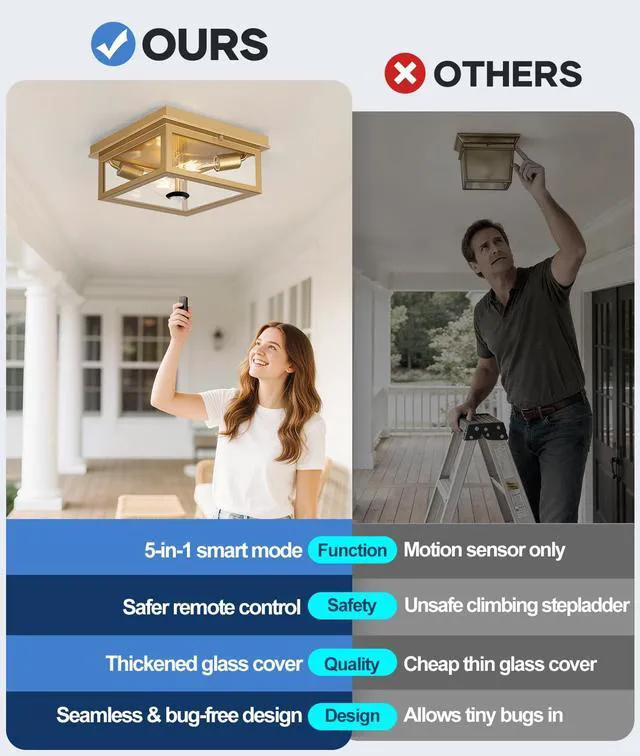 Alt view image 2 of 7 - Motion Sensor Outdoor Ceiling Light with Remote, 12.2 Inch Gold Flush Mount Porch Light Fixture with United Glass Cover, 5 Modes Outside Flush Mount Light for Porch, Garage, Patio, Entryway