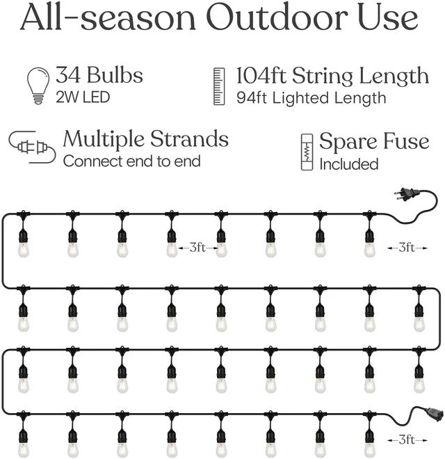 Alt view image 5 of 6 - Ambience Pro 105Ft LED String Lights - 2W Commercial Grade Patio Lighting Outdoor Waterproof - Heavy Duty Dimmable Vintage Edison Porch Lights for Outside, Backyard - 34 Bulbs, Soft White