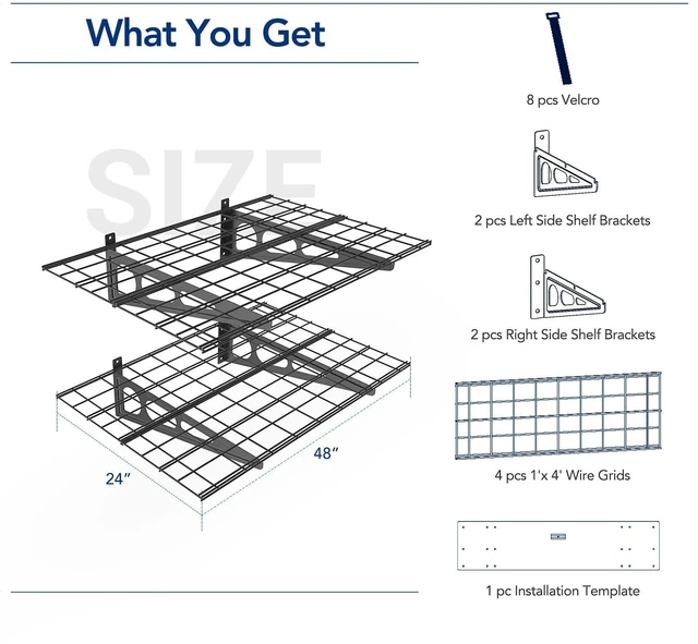 Alt view image 2 of 7 - 2 Pack 2x4ft Garage Shelving Wall Mounted Storage Rack, Black 24-inch-by-48-inch Wall Shelf for Garage Workshop, Rustproof Seamless Grid Design, Classic Series