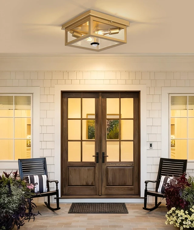 Alt view image 5 of 7 - Motion Sensor Outdoor Ceiling Light with Remote, 12.2 Inch Gold Flush Mount Porch Light Fixture with United Glass Cover, 5 Modes Outside Flush Mount Light for Porch, Garage, Patio, Entryway