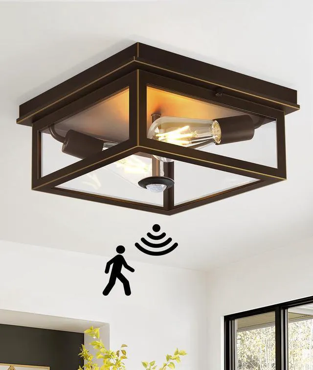 Main image of Motion Sensor Outdoor Ceiling Light with Remote, 12.2 Inch Oil Rubbed Bronze Flush Mount Porch Light Fixture with United Glass Cover, 5 Modes Outside Flush Mount Light for Porch, Garage, Patio