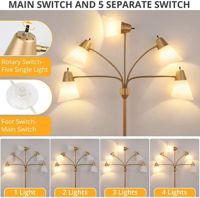 Alt view image 2 of 5 - LED Floor Lamp, Medusa Multi Head Modern Tall Standing Lamps, Adjustable Corner Reading Floor Light for Living Room, Bedroom, Kids Room, White and Colored Lampshades, Brass Gold