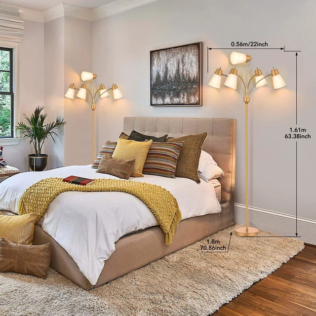 Alt view image 4 of 5 - LED Floor Lamp, Medusa Multi Head Modern Tall Standing Lamps, Adjustable Corner Reading Floor Light for Living Room, Bedroom, Kids Room, White and Colored Lampshades, Brass Gold