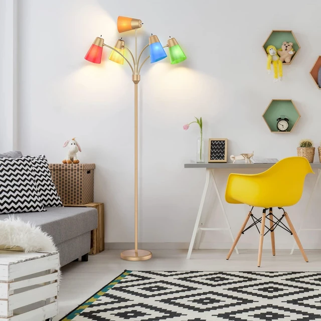 Alt view image 5 of 5 - LED Floor Lamp, Medusa Multi Head Modern Tall Standing Lamps, Adjustable Corner Reading Floor Light for Living Room, Bedroom, Kids Room, White and Colored Lampshades, Brass Gold