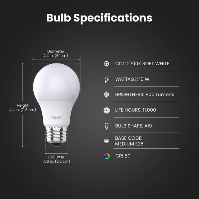 Alt view image 2 of 7 - A19 LED Light Bulbs, 60W Equivalent, Non Dimmable, 800 Lumens, E26 Standard Base, 2700K Soft White, 80 CRI, 11,000-Hour, General Purpose LED Bulb, A80083010KLED10/RP/4, 40 Pack