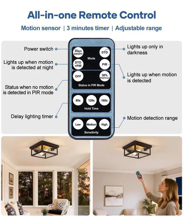 Alt view image 6 of 7 - Motion Sensor Outdoor Ceiling Light with Remote, 12.2 Inch Oil Rubbed Bronze Flush Mount Porch Light Fixture with United Glass Cover, 5 Modes Outside Flush Mount Light for Porch, Garage, Patio