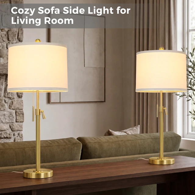 Alt view image 2 of 6 - Gold Table Lamps Set of 2, 22" to 30" Adjustable, 3 Way Bulbs Adjustable Height Nightstand Lamps for Bedroom,Dimmable End Table Lamp for Living Room Console Entry Home Decor Gifts