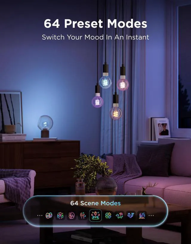 Alt view image 4 of 7 - Edison Bulbs, G25 Smart Vintage Light Bulbs, RGBWW, E26 Base 4 Pack RGBWW and Tunable White, Compatible with Matter, Alexa & Google Assistant, Vanity light bulb for Living Room Kitchen