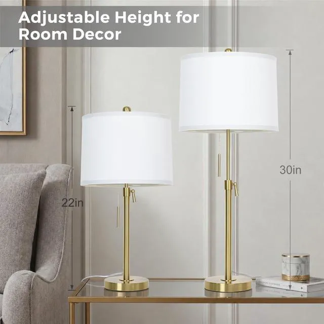 Alt view image 3 of 6 - Gold Table Lamps Set of 2, 22" to 30" Adjustable, 3 Way Bulbs Adjustable Height Nightstand Lamps for Bedroom,Dimmable End Table Lamp for Living Room Console Entry Home Decor Gifts