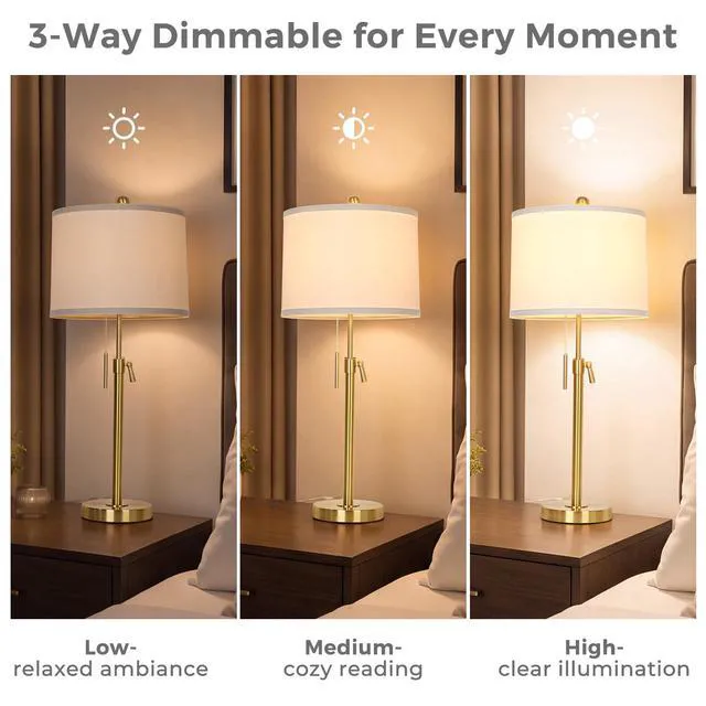 Alt view image 4 of 6 - Gold Table Lamps Set of 2, 22" to 30" Adjustable, 3 Way Bulbs Adjustable Height Nightstand Lamps for Bedroom,Dimmable End Table Lamp for Living Room Console Entry Home Decor Gifts