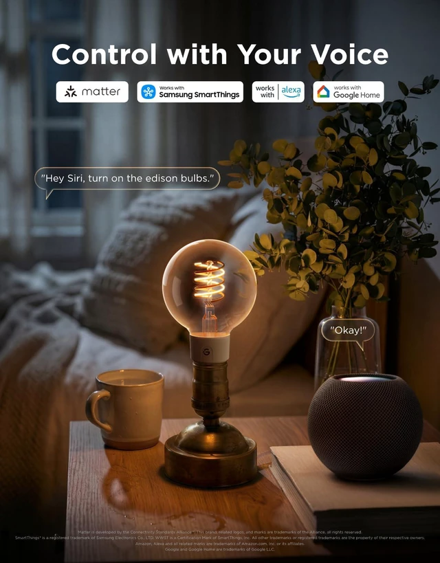 Alt view image 7 of 7 - Edison Bulbs, G25 Smart Vintage Light Bulbs, RGBWW, E26 Base 4 Pack RGBWW and Tunable White, Compatible with Matter, Alexa & Google Assistant, Vanity light bulb for Living Room Kitchen