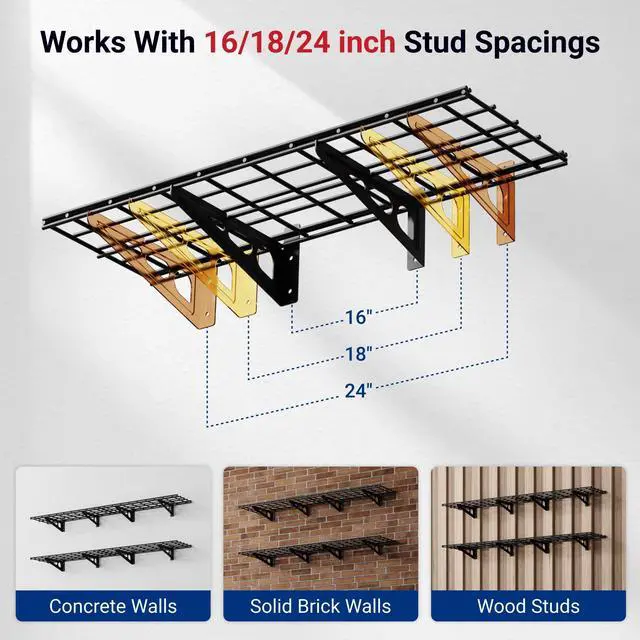 Alt view image 5 of 7 - 12-inch-by-72-inch Wall Shelf Garage Storage Rack Wall Mounted Floating Shelves,1x6ft,Black, 2-Pack, Classic Series