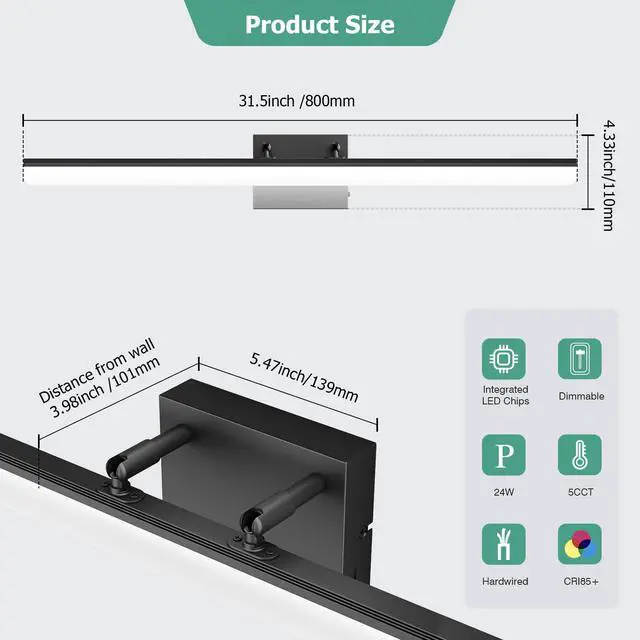 Alt view image 6 of 7 - Black Vanity Light 31.5" Long 24W LED Bathroom Light Bar with 5CCT Adjustable Modern Bathroom Vanity Light Fixture for Mirror, Powder Room, Bedroom, Apartment, Hotel