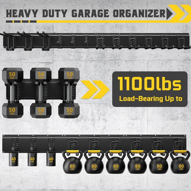 Alt view image 3 of 7 - 96" Garage Tool Organizer Wall Mount, 1250lbs Heavy Duty Garden Tool Storage Rack with 15 Adjustable Hooks for Yard, Shed, Garage (6 Racks, 15 Hooks, 2 Straps, Steel)