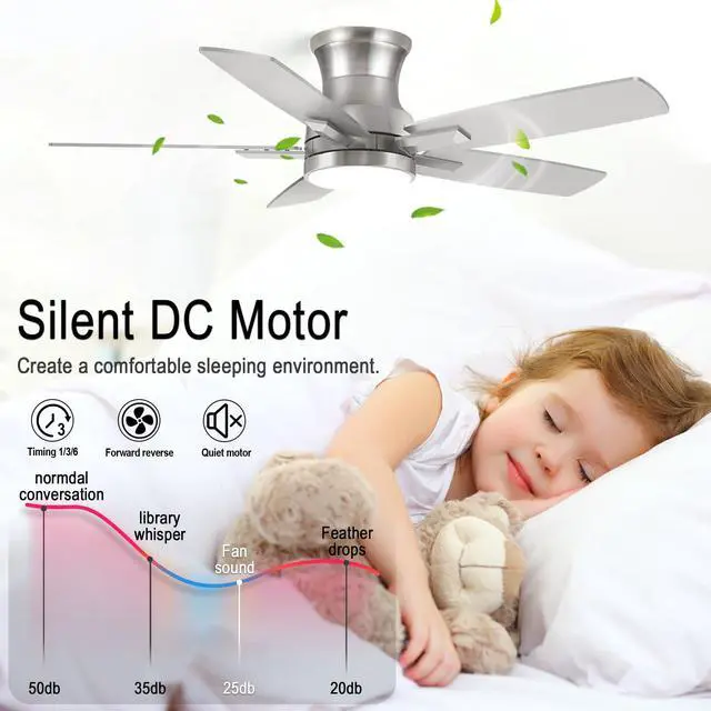Alt view image 4 of 7 - 42 Inch Flush Mount Brushed Nickel Ceiling Fan with Light and Remote Control.Noiseless,Dimmable,3CCT,6 Speeds Reversible, Low Profile DC Ceiling Fans for Indoor or Covered Outdoor Use,ETL Listed