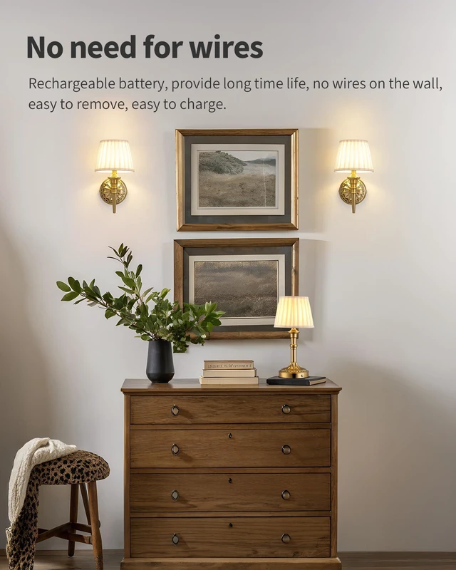 Alt view image 3 of 7 - Cordless Gold Wall Sconces Set of 2, Beige Fabric Lampshde Wall Lamps Small LED Wireless Portable Rechargeable Battery Lighting for Wall Painting, Living Room, Bedroom, Hallway, Gifts, Nightlight
