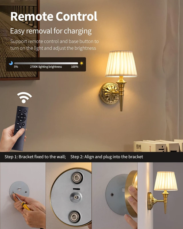 Alt view image 4 of 7 - Cordless Gold Wall Sconces Set of 2, Beige Fabric Lampshde Wall Lamps Small LED Wireless Portable Rechargeable Battery Lighting for Wall Painting, Living Room, Bedroom, Hallway, Gifts, Nightlight